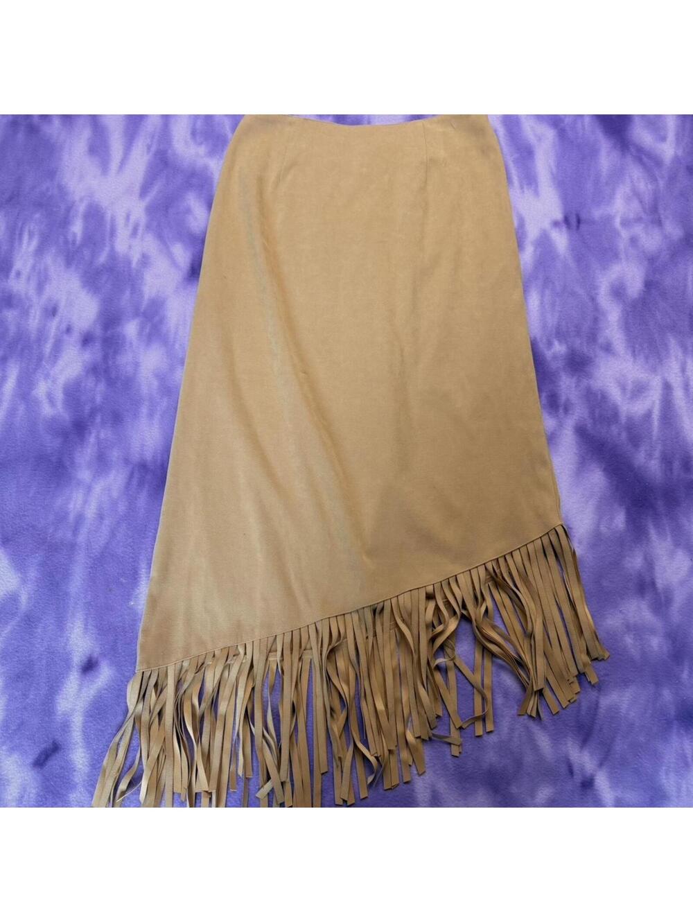 Western style beige tan asymmetrical midi skirt with fringe hem